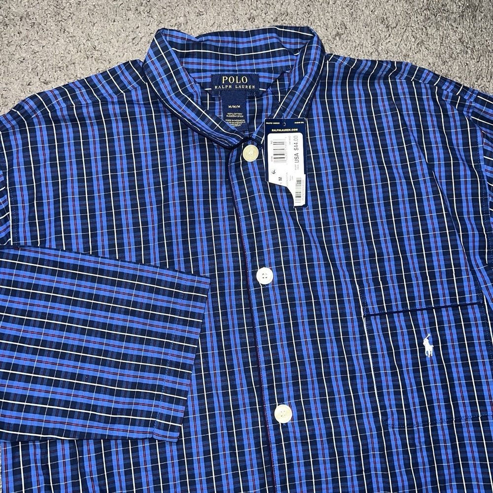 NEW Polo Ralph Lauren Men's Size M Blue/Red Plaid Sleep Shirt Pajama‎ Top